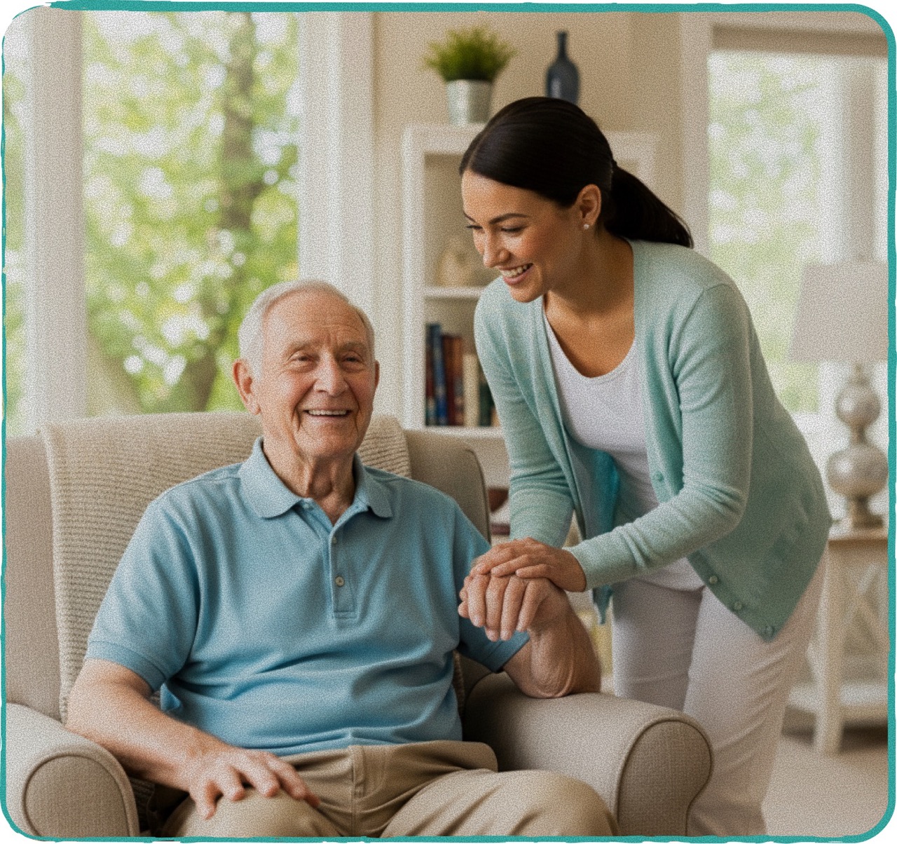 Caregiver sharing a warm moment with an elderly woman